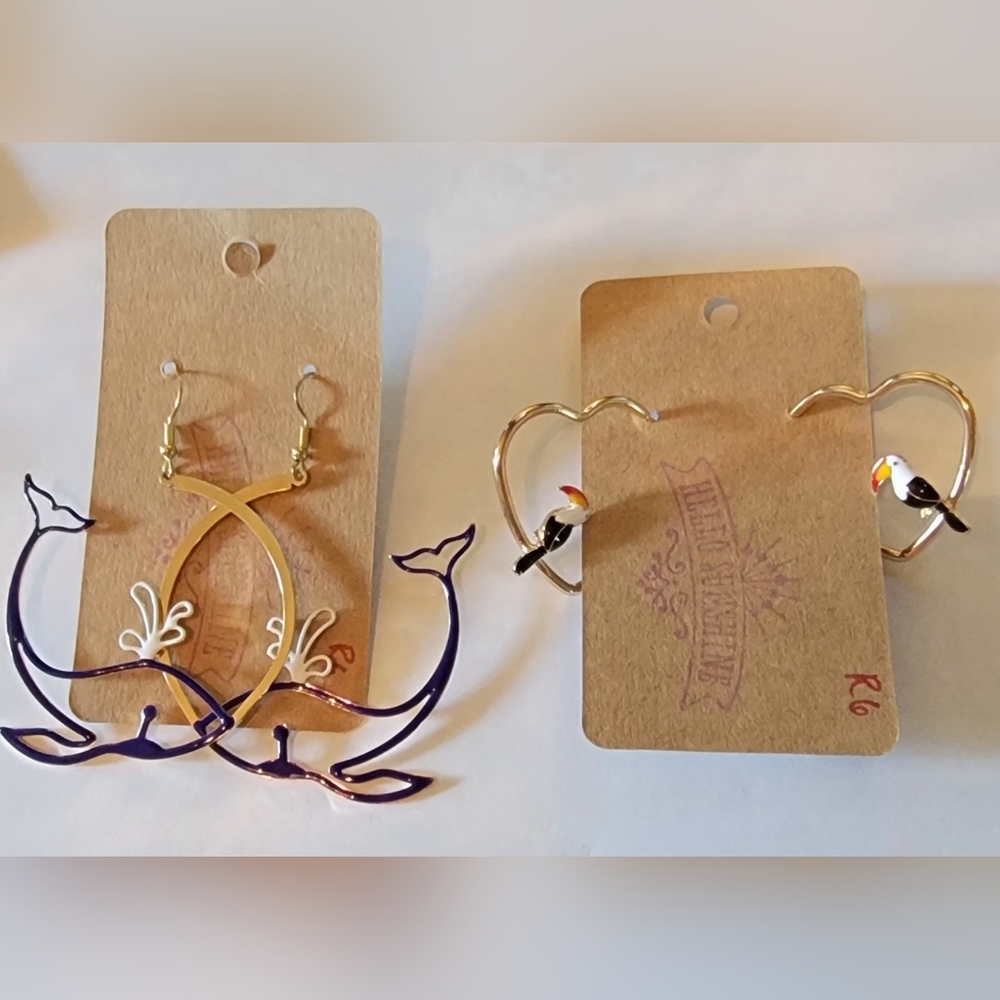 2 Pair Whale and Bird Hoop Earrings